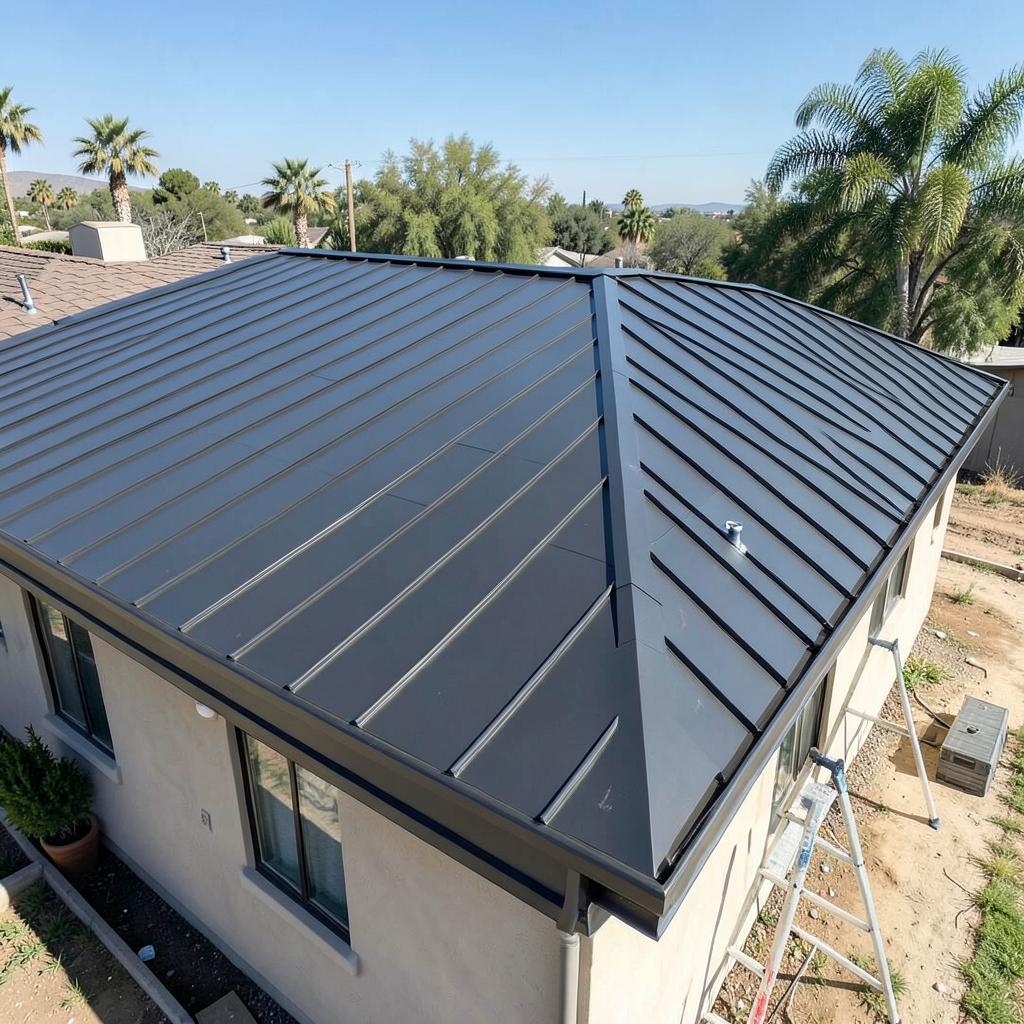 Completed charcoal standing seam metal roof on a Southern California home